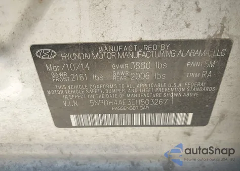 2014 Hyundai Elantra Se z USA, uszkodzony, nr VIN 5NPDH4AE3EH503267